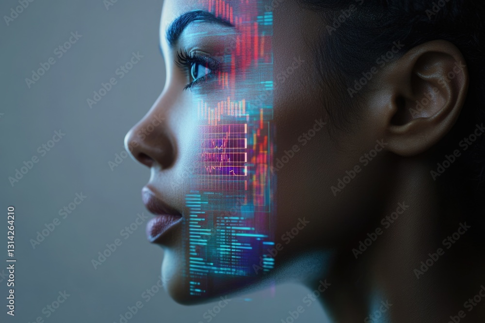 Aufkleber a woman's face overlaid with a futuristic digital interface showcasing data streams and graphs.