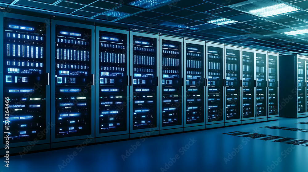 Poster dark blue server room with bright lights in a modern data center for cloud computing and data storag