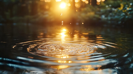 Sunbeams dance on tranquil water ripples, evoking a peaceful, golden moment in a serene natural setting.