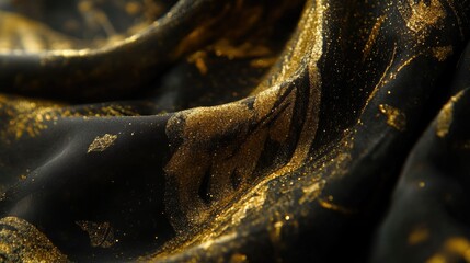 Close-up of shimmering, glittery fabric with gold flecks on a black surface.