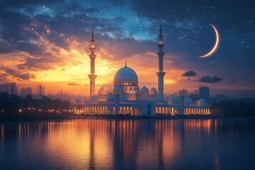 Fototapeta premium Serene Mosque at Sunset with Soft Lights Reflecting in Water Under a Crescent Moon and Starry Sky