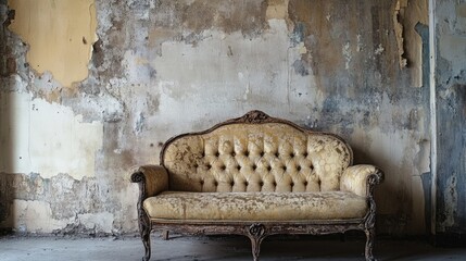 This image showcases a room in a state of disrepair, evoking an atmosphere of nostalgia and neglect. The peeling wallpaper on the walls suggests a lack of maintenance over time. A vintage sofa is