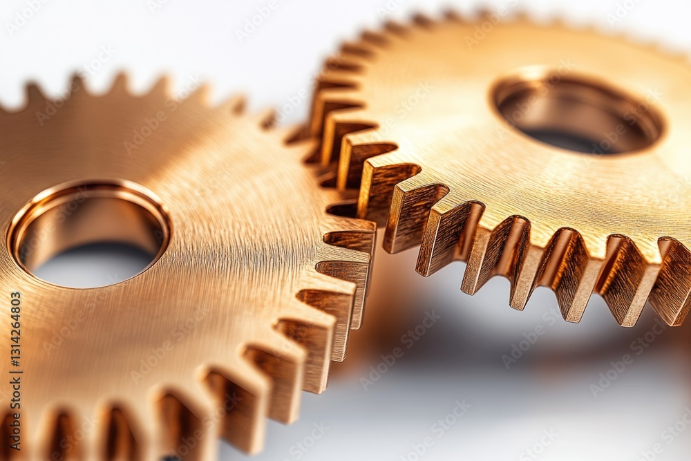 Poster close-up of two interlocking bronze gears, showcasing intricate details and mechanical precision.
