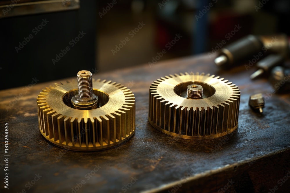 Poster close-up of two precisely crafted brass gears with intricate details, showcasing exceptional machini