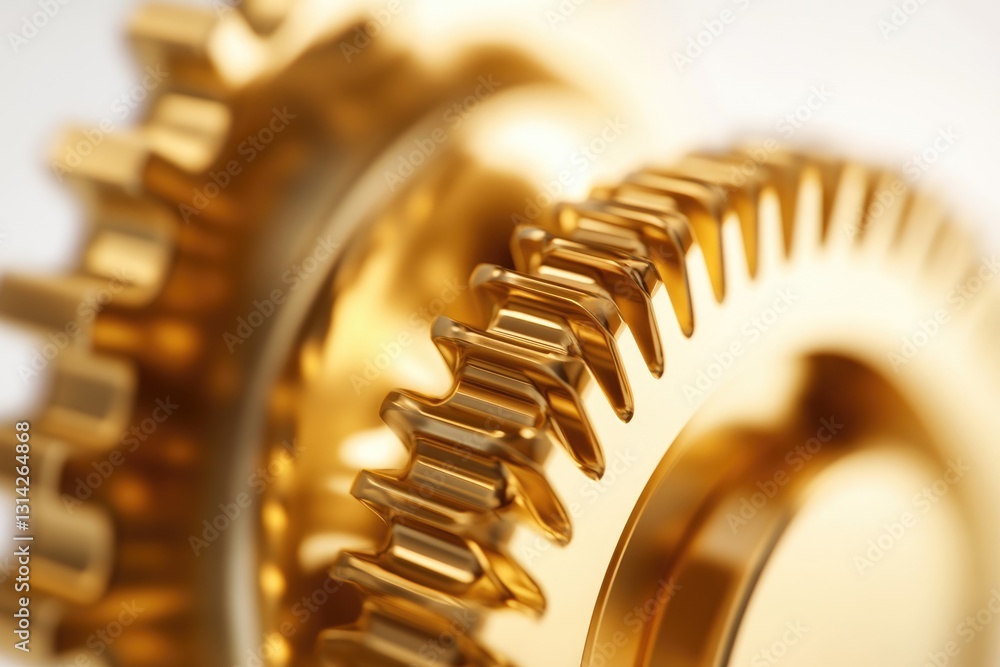 Poster close-up of interlocking golden gears, showcasing intricate detail and precision engineering.