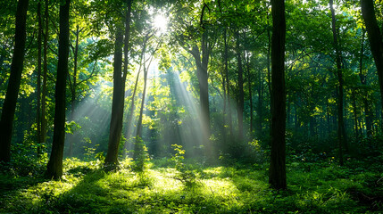 Obraz premium Sunbeams Through Lush Green Forest