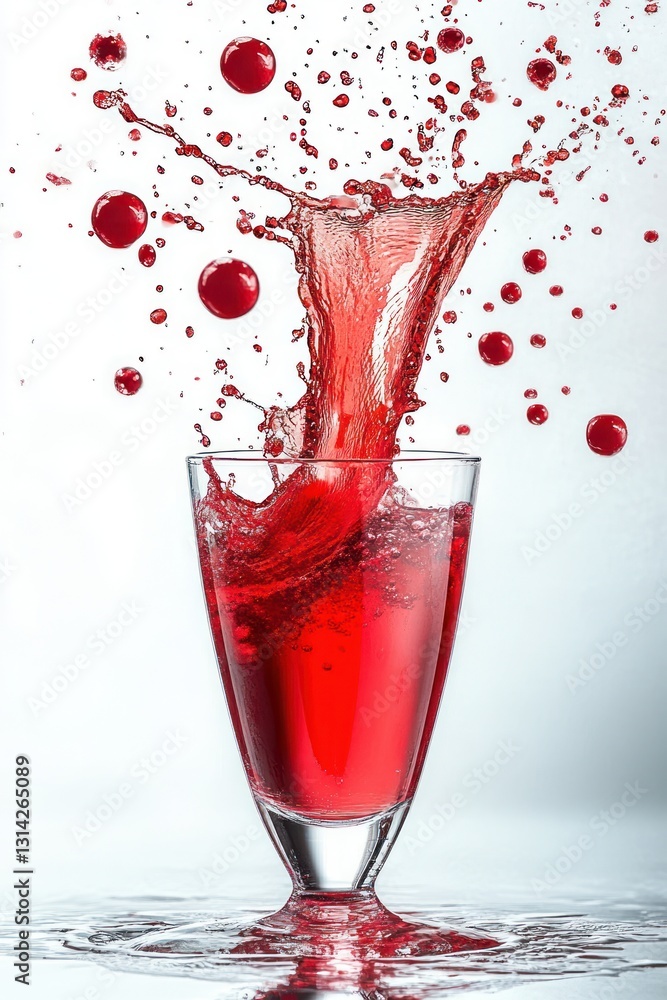 Poster red cherry juice splash in glass with bright bubbles and dynamic swirls isolated on white background