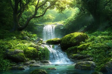 Tropical Jungle Waterfall in Southeast Asia with Lush Greenery and Cascading Stream