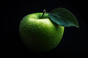 Crisp green apple with a leaf, freshly picked, isolated