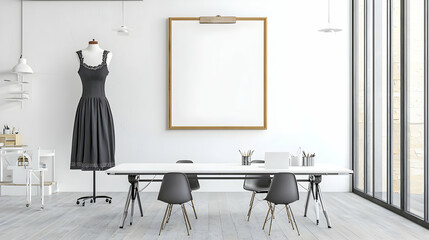 Modern Bright Atelier With Dress Form White Desk And Poster Frame With Elegant Grey Floor And Large Window