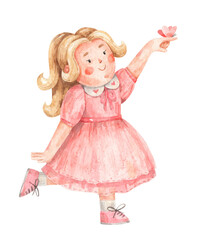 Cute little girl in pink dress. Watercolor cartoon illustration of princess with butterfly isolated on white background. Hand-drawn children  birthday greeting card template 