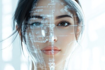 A woman's face merges with futuristic digital circuitry, symbolizing AI and technological integration.