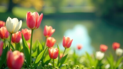 Obraz premium A vibrant springtime scene featuring a cluster of tulips in various shades of pink and white, gently swaying in a tranquil garden setting near a serene body of water, bathed in soft sunlight