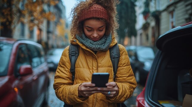6. **A mother checking a travel checklist on her phone while standing beside the open car trunk**, making sure everything is packed before leaving 