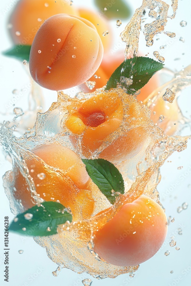 Poster fresh apricots splashing in golden juice on white background with green leaves and dynamic motion