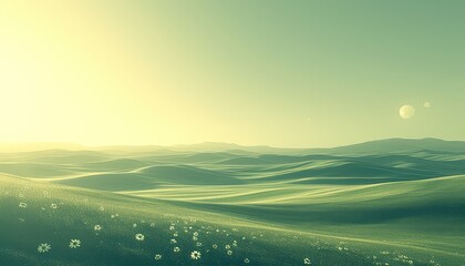 Obraz premium A tranquil landscape scene featuring rolling hills and a bright sky