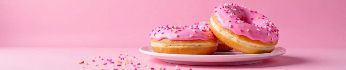 Pink frosted donuts, sprinkles, white plate, pink background, white, morning, tasty