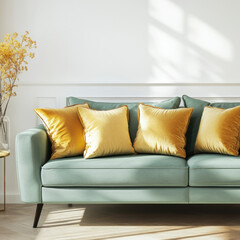 A modern mint green sofa with vibrant yellow pillows brightens a cozy living room, accentuated by sunlight streaming through the window, creating an inviting atmosphere.