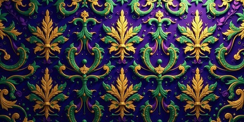 Intricate Gold and Green Fleur-de-lis Pattern on a Deep Purple Background, a Luxurious and Elegant Decorative Design Ideal for Wallpaper or Textile Applications