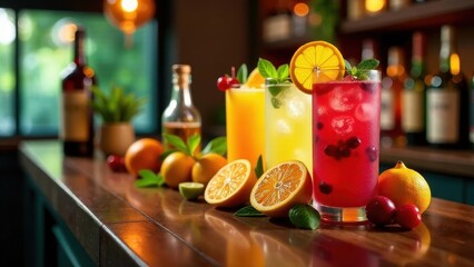 Fototapeta premium Refreshing summer beverages at a bar setting with citrus fruits and berries