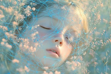 A dreamy portrait of a girl sleeping peacefully amidst delicate, pastel flowers and a translucent, ethereal veil.