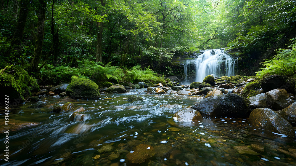 Poster idyllic tropical waterfall cascading into a pristine stream surrounded by lush green foliage and mos