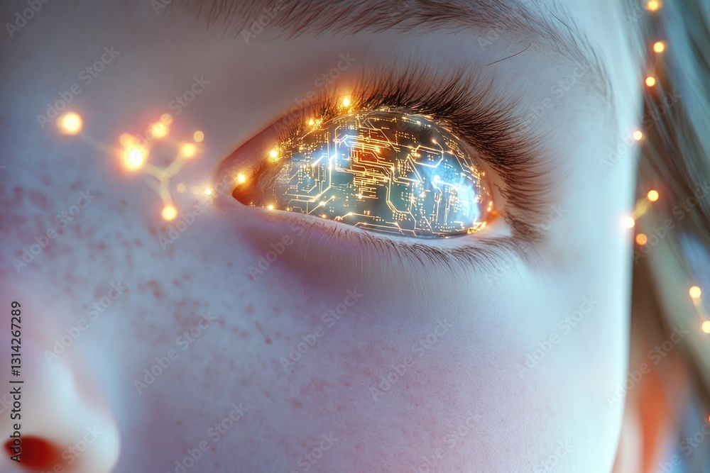 Poster close-up of a child's eye, digitally enhanced to show a circuit board pattern, glowing with light.