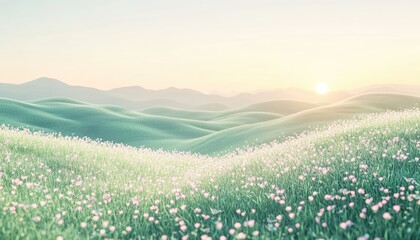 A serene landscape featuring rolling hills and blooming wildflowers in a field