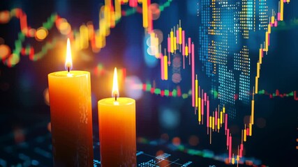 Market Insights: Lit candles illuminate a vibrant financial chart, symbolizing the fluctuating dynamics of the market, its highs, and lows, offering a unique perspective on economic trends. - Powered by Adobe