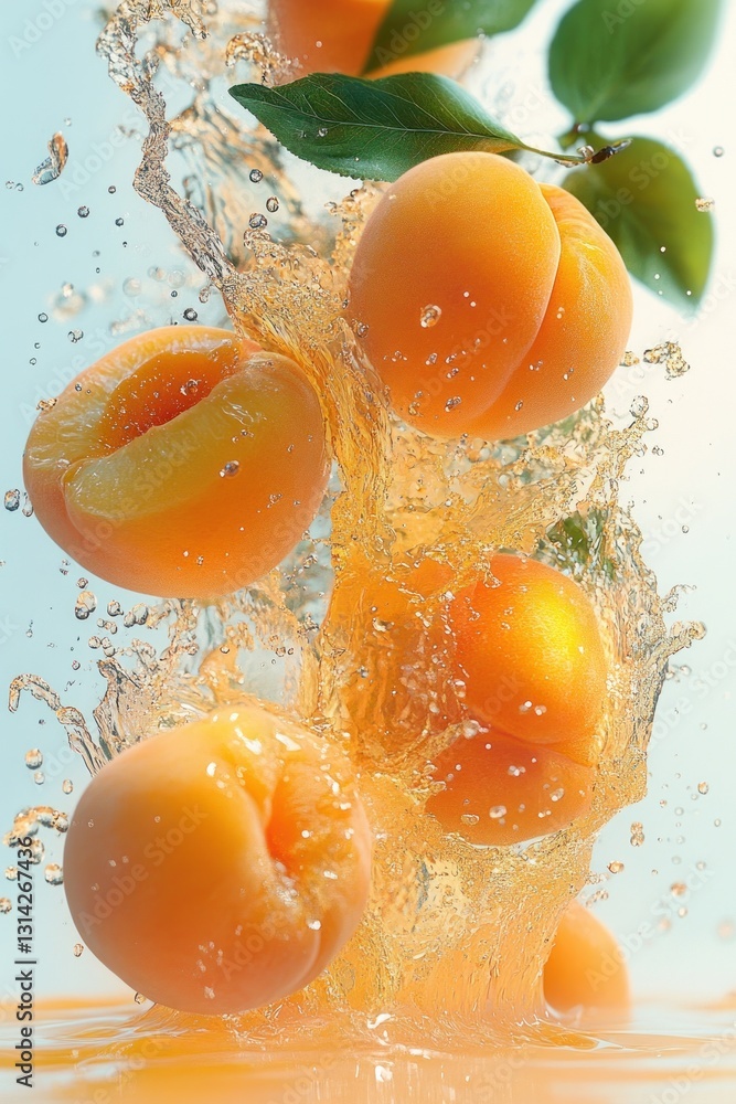 Poster fresh apricots splashing in golden juice on white background with leaves and splashes