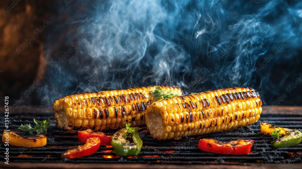 Poster grilled corn on the cob with colorful peppers and smoky background in rustic cooking setting
