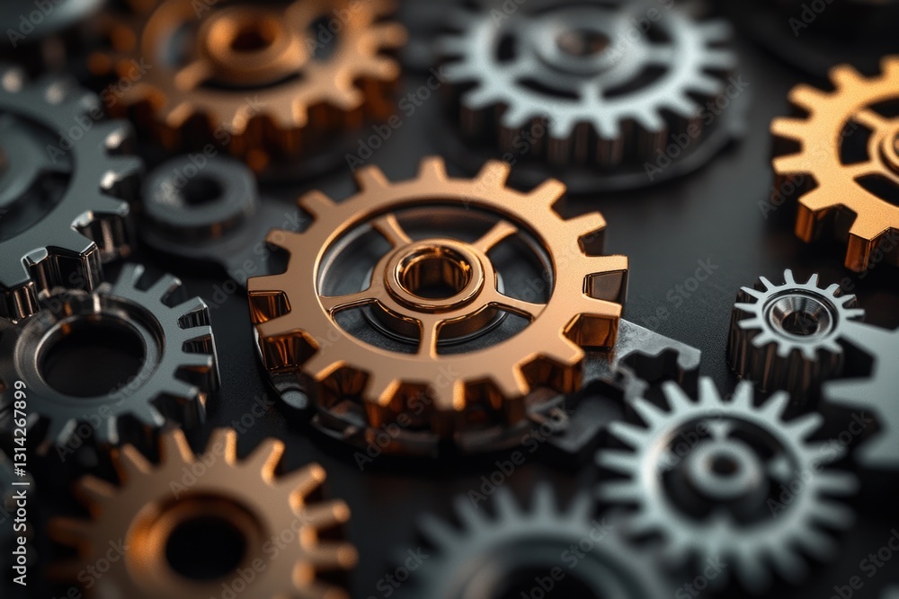 Poster intricate clockwork gears, metallic and golden, interlock in a complex system.