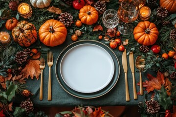 Thanksgiving Table Setting with White Plate Golden Cutlery Pumpkins and Autumn Leaves on Red Background
