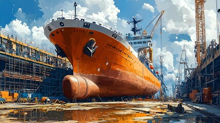 Large ship under construction in shipyard, industrial scene, sunny day, possible use for engineering or shipping stock