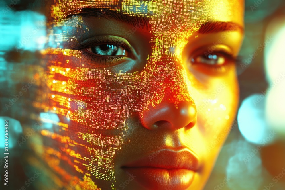 Poster a woman's face is overlaid with a digital code, creating a futuristic and surreal image.