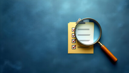 Magnifying Glass Hovering Over Checklist and File Icon on Slate Blue Textured Backdrop with Realistic Depth