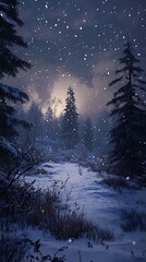 A serene winter landscape with snow falling amidst dark trees and a glowing sky.