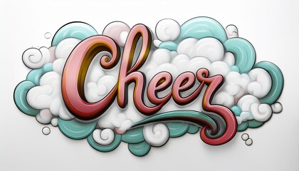 낙서 스타일의 CHEER 손글씨와 주변을 감싸는 구름 장식