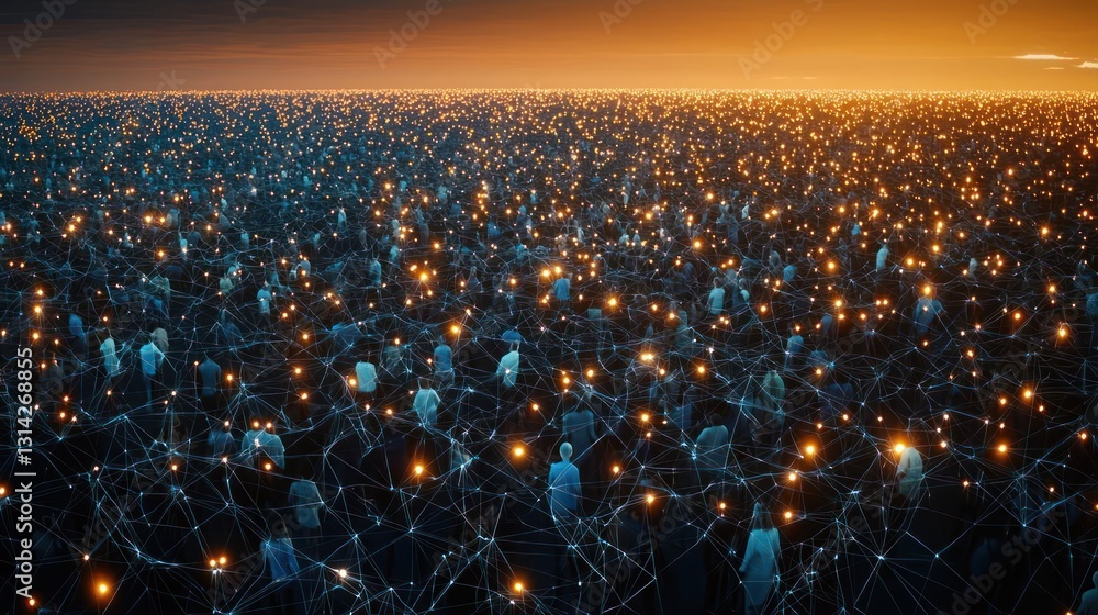 Poster digital network of people with illuminated nodes under orange hues in futuristic visualization