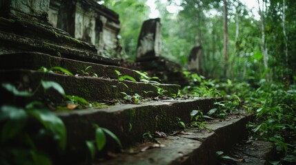Overgrown stone steps lead deeper into a lush, forgotten world, where nature reclaims its domain with serene mystery.