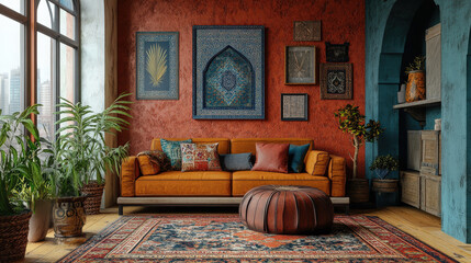 Eclectic Global Living Space. A stylish living room features global design elements, including ethnic prints, an orange sofa, patterned carpet, and plants creating a cozy interior.
