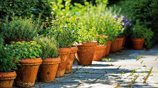 Potted Herbs Garden: An inviting garden scene features an assortment of aromatic herbs flourishing in terracotta pots, arranged neatly along a pathway. The sunlight filters through the foliage.