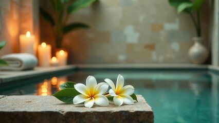 Fototapeta premium Tranquil Spa Setting with Blooming Flowers Near a Serene Pool and Soft Candlelight