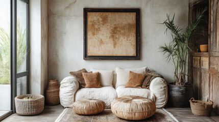 Rustic Global Living Room. A cozy living room showcases rustic global design elements, including straw poufs, a woven basket, and a neutral color palette, creating a serene atmosphere.