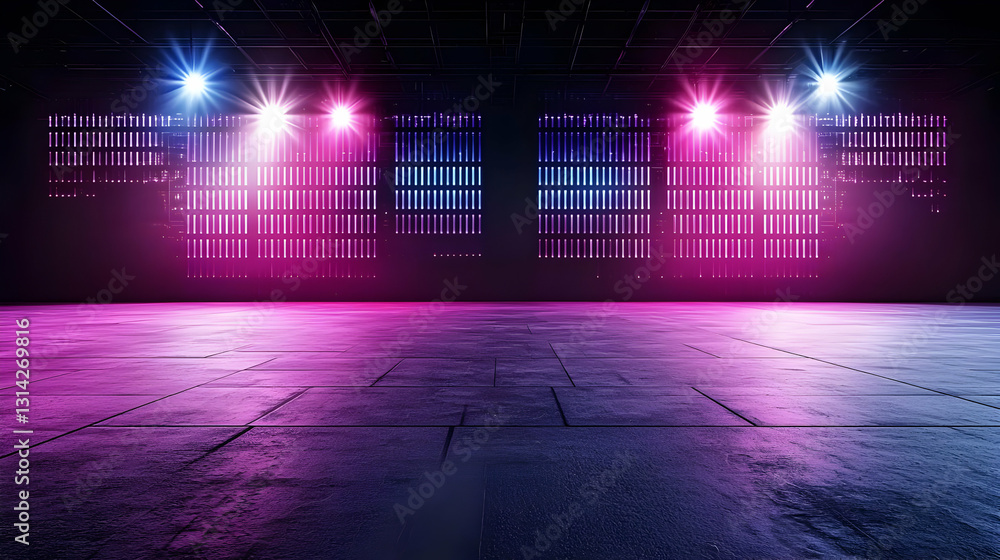 Poster illuminated empty stage with pink and purple spotlights on a textured concrete floor in a dark indus