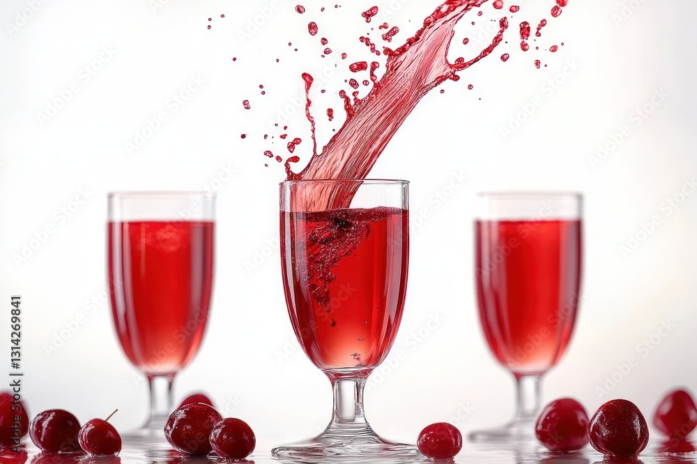 Poster red cherry juice splash set of four elegant glasses with bright dynamic flow and refreshing bubbles 