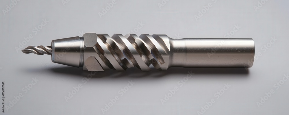 Poster material science alloys concept. metallic drill bit with a twisted design on a gray background.