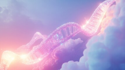 DNA helix amidst clouds, a vibrant and ethereal representation of life's code
