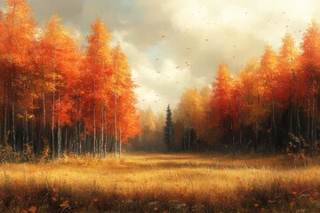 Fototapeta premium Autumn Forest and Green Meadow with Vibrant Trees and Soft Sunlight