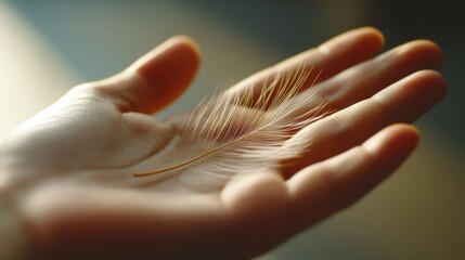 Naklejka premium A feather rests in an open palm, illuminated by soft, diffused light, symbolizing gentleness and grace.